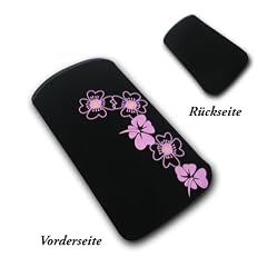 handywelt-niefern Stoff Etui Handy Tasche Schwarz mit Rosa Blume f. Samsung S5230
