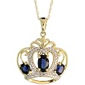 10k Gold 18" Thin Chain & 3/4" (19mm) tall Crown Pendant, w/ 1.00 Total Carat Oval Cut Blue Sapphire Stones & Brilliant Cut Diamonds