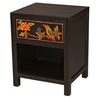 AsiaEXP Black Nightstand Painted Bird and Peony Drawer AsiaEXP Black Nightstand Painted Bird and Peony Drawer