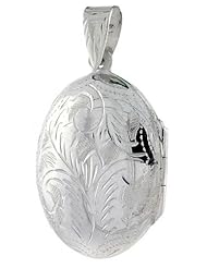Sterling Silver Oval Locket Hand Engraved, 7/8 x 1 1/8 inch