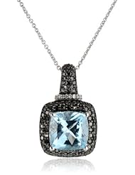 Sterling Silver Gemstone with White and Black Diamond Cushion Pendant Necklace, 18"
