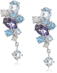Sterling Silver Oval and Round Shaped Iolite, Swiss Blue Topaz and White Topaz Earrings