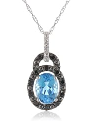 10K White Gold Oval Blue Topaz and Created White Sapphire Black Diamond Pendant Necklace, 18"