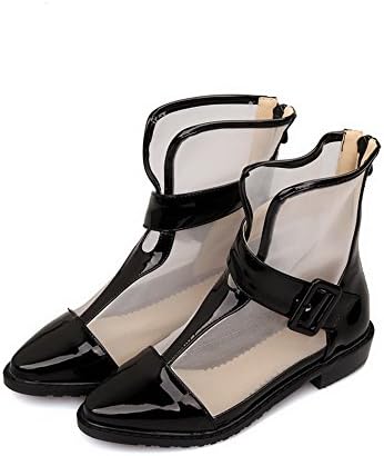 VogueZone009 Womens Closed Pointed Toe Low Heel Patent Leather PU Solid Boots with Zippers, Black, 9.5 B(M) US