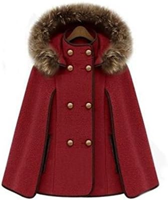 Kawen Women's Fur Collor Batwing Cape Wool Jacket Warm Coat (M, Red)