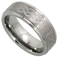 Tungsten 8 mm (5/16 in.) Comfort Fit Flat Wedding Band Ring w/ Engraved Celtic Knot Design (Available in Sizes 7 to 14), size 9