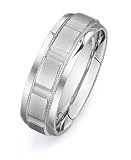 14k White Gold Custom Made 7.0 mm Comfort Fit Wedding Band, w/ Milgrain Design & Frosted Finish Raised Rectangular Pattern, size X