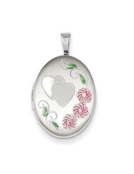 Sterling Silver 19mm Enamel Hearts & Flowers Oval Locket