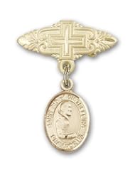 14K Gold Baby Badge with St. Pio of Pietrelcina Charm and Badge Pin with Cross