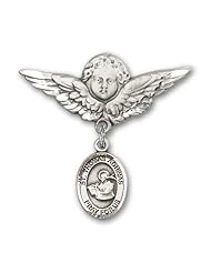 Sterling Silver Baby Badge with St. Thomas Aquinas Charm and Angel with Wings Badge Pin