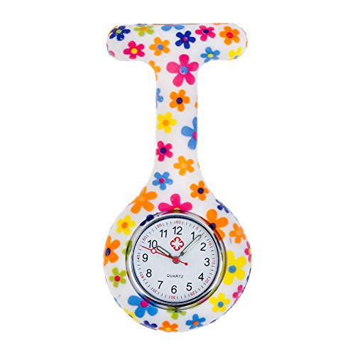 Cute High Quality Brooch / Fob Watch For Health Care Workers, Nurses And Doctors In White Silicone Hygienic Protection Cover For Infections Control With Flowers Patterns / Designs In Many Colors By VAGA