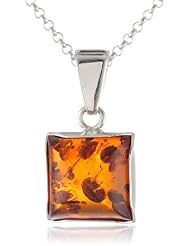 Sterling Silver Honey Amber Square Pendant Necklace , 18"