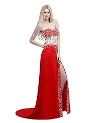 Chiffon/Satin Beaded  Sequined Crystals Slit Crystal Sweetheart Prom Dress  With Pearls