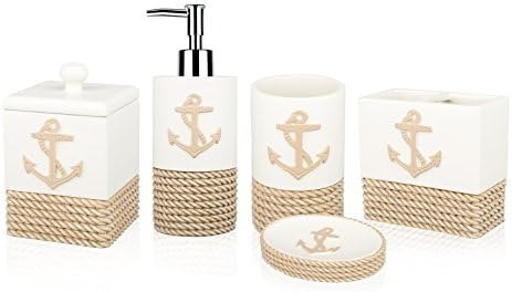 SILOKO Ocean Style Solid 5 Piece Bathroom Asseccory Set include Lotion Dispenser,Soap Dish,Toothbrush Holder,Cotton Container&amp;Tumbler Sailor