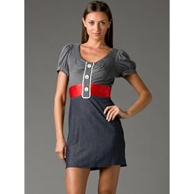 Voom Dress by Joy Han - Puff Sleeve Soft Denim with Cumberbund in Grey and Red - Fall Apparel Clothing for Women
