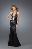 1039 Black Satin Open Front Evening Prom Dress