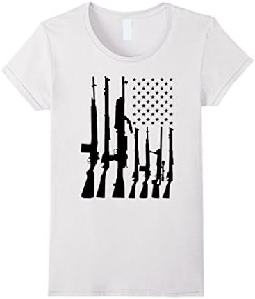 Women's Uni-Sex Big American Flag With Machine Guns T-shirt Large White