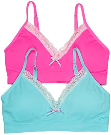 Girls 2 Pack Training Bras with Lace Trim and Removable Pads (Medium, Pink/Aqua)