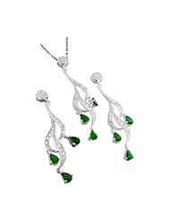 Sterling Silver and Pear Shaped Green Cubic Zirconia Cascading Curls Pendant and Earrings Set