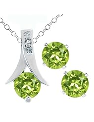 3.00 Ct Round Green Peridot .925 Silver Pendant and Earrings Set 18" Chain