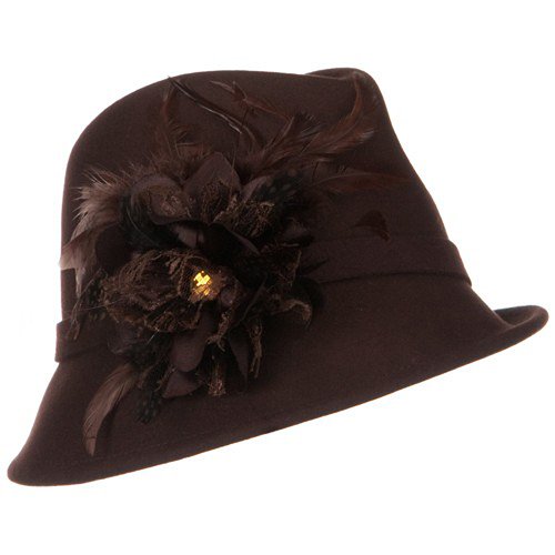 Side Downturn Wool Felt Fedora Hat with Flower - Brown W27S41A