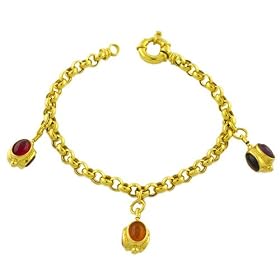 Carnelian, Amber, Tourmaline 14kt Yellow Gold Etruscan Charm Bracelet 7.5 Inch by