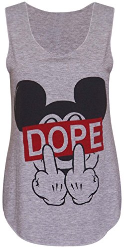 Womens Ladies Girls Black White Dope Mickey Mouse Obey Jersey Vest Top Tshirt - Grey - UK 12/14 (95% Viscose 5% Elastane )