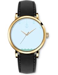 SPRAWL Aanalog Fashion Series Gold Ladies Watches of Genuine Black Leather Strap,Unique Wrist Watch for Women Girls Designed with blue anchor