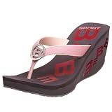 BEBE SPORT Women's Flirty Glitter Thong Wedge,Chocolate/Pink,9 M
