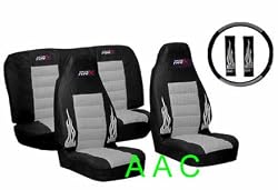 A Set of Universal-fit Type X Racing Style Front Bucket Seat Covers, Bench Seat Cover, Steering Wheel Cover and Shoulder Strap Cover - Grey