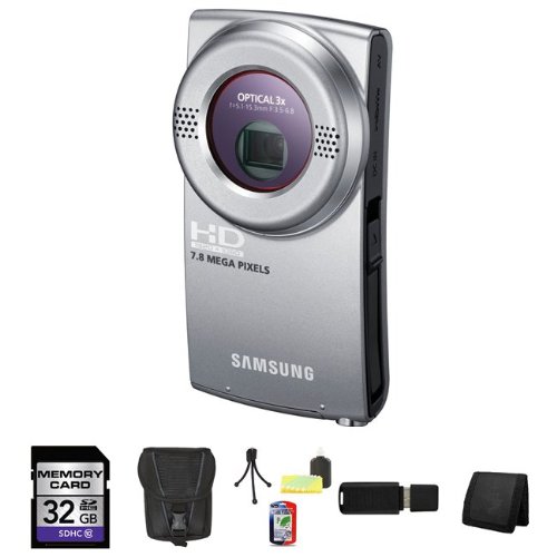 Samsung HMX-U20 Ultra-Compact Full-HD Camcorder (Silver) + 32GB SDHC Memory + USB Card Reader + Memory Card Wallet + Deluxe Case W/Strap + Accessory Saver Bundle! On Sale