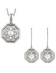 Sterling Silver Freshwater Pearl and Diamond Necklace and Earring Set -- LIFETIME WARRANTY