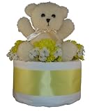 Yellow Bear 1 Tier Diaper Cake w/ Pampers Swaddlers, 10 Kuddles Collection Bear, and Precious Cargo Baby Apparel