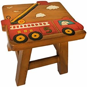 Wooden Carvings Fire Truck Rain Tree Shower Stool Seat for Kids Fishing Garden