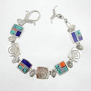 Southwestern Native American Handcrafted Turquoise, Lapis and Spiny Oyster Inlaid Link Bracelet in Sterling Silver by Ray Tracey, #8573