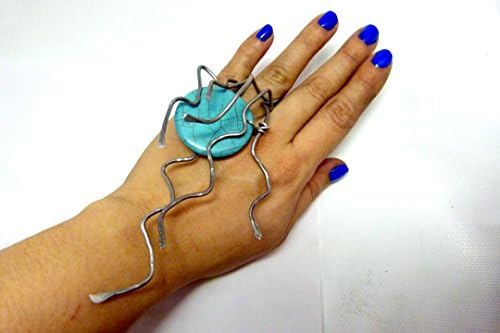 Long intricate adjustable women ring , open band wire ring , turquoise shade holite stone , handmade statement art ring
