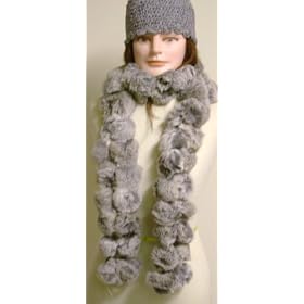 Two Strand Luxurious Long Rabbit Fur Light Grey Scarf for Women and Teens Offered in Combination with Hand Crocheted Chenille and Gimp Tweed Skull Cap