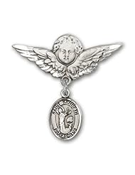 Sterling Silver Baby Badge with St. Kenneth Charm and Angel with Wings Badge Pin