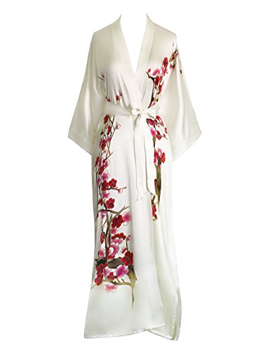 Old Shanghai Women s Silk Kimono Long Robe - Handpainted - Cherry Blossom White