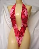 Deep V Plunge Sling-Shot Thong Back Red Water Hibiscuss Print