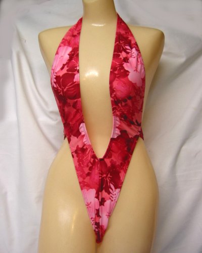 Deep V Plunge Sling-Shot Thong Back Red Water Hibiscuss Print
