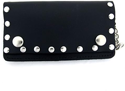 6" Men's Black Leather Wallet with Studs Chain Biker Bifold Billfold Punk Rock