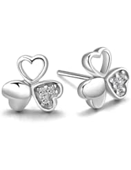 Honeystore Girls Clover Swiss Diamond 925 Sterling Silver Studs Earrings Color White