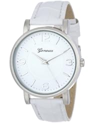 Geneva Womens 2363-white-GEN  Brushed Metal Leather Band Watch