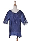 Royal Blue Loose Oversized Bead Crochet Embellished Linen Peasant Blouse Top