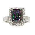 Sterling Silver Emerald-Cut Iridescent Stone Ring with Pave Border - 7