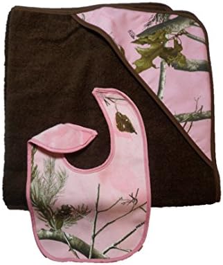 Realtree Pink Hooded Baby Towel + Bib 2PC Set (Brown Towel + Realtree Pink Accent, TODDLER Camo Corner Towel + Bib)