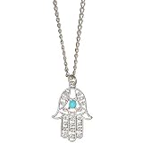 Filigree Hamsa Necklace with Turquoise Epoxy In Silver Tone with Matte Finish