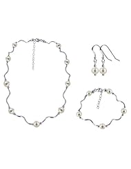 Sterling Silver White Imitation Pearl Earrings Bracelet with Necklace Jewelry Set Made with Swarovski Elements
