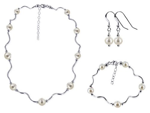 White Faux Pearl Silver Bracelet Earrings 16" to 24" Necklace Jewelry Set
